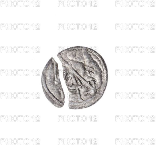 denarius, Boleslaw III Krzywousty (prince of Poland; 1086–1138; ruled 1107–1138), spearhead (issue mark), allegories, equal-armed cross, crosses, chain mail, jaws, martyrs, Romanesque (style), knight, dragons, Middle Ages, fight between good and evil, fight against pagans, spears, Adalbert (St.; c. 956–997). Obv. In the beaded border, a knight in chain mail thrusting a spearhead into the jaws of a dragon turned upside down. On the outer side of the knight's right forearm, a ball. Rv. In the triple beaded border, an isosceles cross topped with balls; between its arms, one ball. ca. 1125–1138, Kraków, Poland. Coin; diameter 12.2 mm; weight 0.31 g.