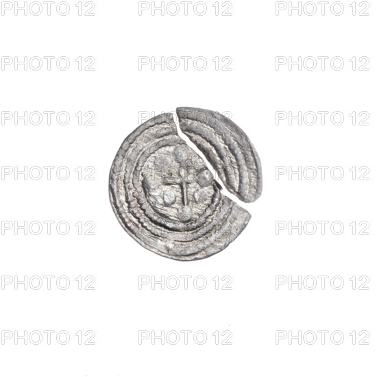 denarius, Boleslaw III Krzywousty (prince of Poland; 1086–1138), spearhead (issue mark), allegories, equal-armed cross, crosses, chain mail, jaws, martyrs, Romanesque (style), knight, dragons, Middle Ages, fight between good and evil, fight against pagans, spears, Adalbert (St.; ca. 956–997). Obv. In the beaded border, a knight in chain mail thrusting a spearhead into the jaws of a dragon turned upside down. On the outer side of the knight's right forearm, a ball. Rv. In the triple beaded border, an isosceles cross topped with balls. Between its arms, one ball. ca. 1125–1138, Kraków, Poland, coin, diameter 12.2 mm, weight 0.31 g