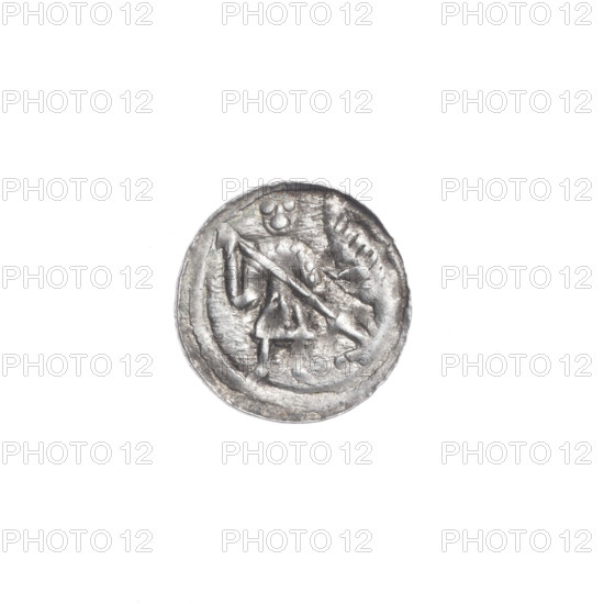 denarius, Boleslaw III Krzywousty (prince of Poland; 1107–1138), allegories, equal-armed cross, crosses, jaws, spearhead (issue mark), chain mail, martyrs, knight, Romanesque (style), dragons, jaw, chain mail, knights, dragon, Adalbert (Saint; ca. 956–997), fight between good and evil, fight against pagans, spear, spears, Middle Ages. Obv.: In the beaded border, a knight in chain mail thrusting a spearhead into the jaws of a dragon turned upside down; a ball between the knight's legs. Rv.: In the triple beaded border, an isosceles cross topped with balls; between its arms, one ball (one of them has a dot). ca. 1125–1138. Poland, Kraków. Coin; diameter 12.2–12.5 mm; weight 0.40 g.