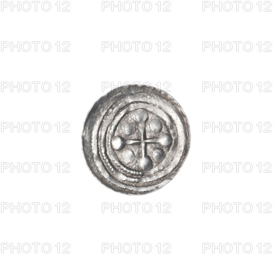 Denarius of Boleslaw III Krzywousty (prince of Poland; 1107–1138). Obverse: in a beaded border, a knight in chain mail thrusting a spearhead into the jaws of an upside-down dragon; a ball between the knight's legs. Reverse: in a triple beaded border, an isosceles cross topped with balls; one ball between its arms (one with a dot). Allegorical imagery: fight between good and evil, fight against pagans, martyrs; depiction of a knight, dragons, spears, spearhead (issue mark), chain mail; Romanesque style; possible reference to Adalbert (Saint; ca. 956–997). Date ca. 1125–1138. Poland, Kraków. Coin; diameter 12.2–12.5 mm; weight 0.40 g.