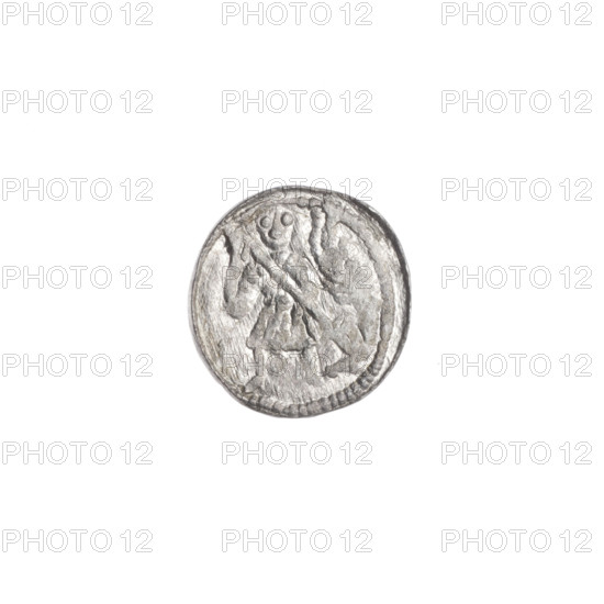 denarius, Boleslaw III Krzywousty (prince of Poland; 1086–1138), allegories, equal-armed cross, spearhead (issue mark), chain mail, mouth, crosses, knight, martyrs, Romanesque (style), dragon, Middle Ages, fight between good and evil, Adalbert (Saint; ca. 956–997), fight against pagans, spear, Obv. In the beaded border, a knight in chain mail thrusting a spearhead into the jaws of a dragon turned upside down. Rv. In the triple beaded border, an isosceles cross topped with balls. At the intersection of the arms, a ball. Between them, one ball. ca. 1125–1138, Poland, Kraków, coin, diameter 11.3–12.1 mm, weight 0.40 g