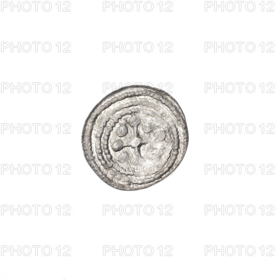 Denarius, Boleslaw III Krzywousty (prince of Poland; 1107–1138). Obverse: in a beaded border, a knight in chain mail thrusting a spearhead into the jaws of an upside-down dragon. Reverse: in a triple beaded border, an isosceles cross topped with balls; at the intersection of the arms a ball, with one ball between the arms. Romanesque style; allegorical scene of fight between good and evil, martyrs, Saint Adalbert (ca. 956–997), fight against pagans. Issuer: Boleslaw III Krzywousty (prince of Poland; 1086–1138). Issue mark: spearhead. Materials: coin. Date: ca. 1125–1138. Place: Poland, Kraków. Diameter: 11.3–12.1 mm. Weight: 0.40 g.