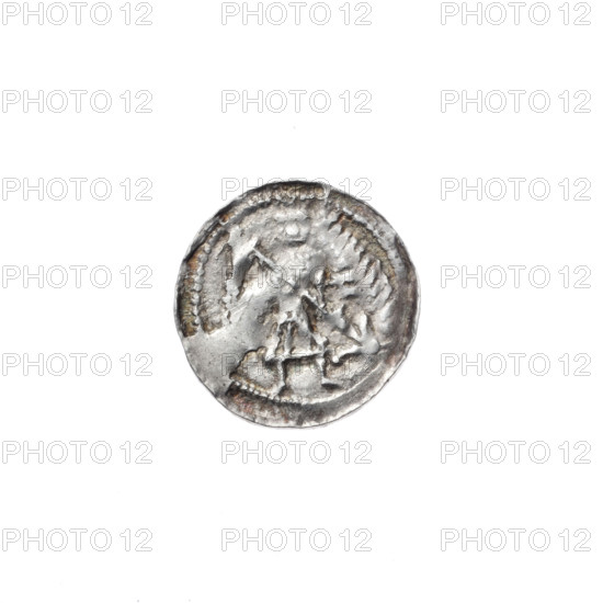 Denarius of Boleslaw III Krzywousty (prince of Poland; ca. 1086–1138), ca. 1125–1138. Obverse: in a beaded border, a knight in chain mail thrusting a spearhead into the upside-down jaws of a dragon. Reverse: in a triple beaded border, an isosceles cross topped with balls; one ball between its arms. Allegorical Romanesque-style imagery of knights, dragons, martyrs, fight between good and evil, and fight against pagans. Silver coin (denarius), Kraków, Poland. Diameter 12.4–12.9 mm; weight 0.43 g.