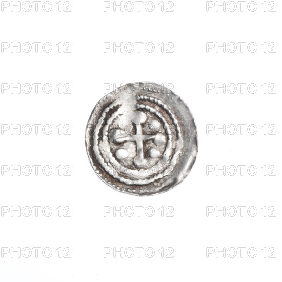 denarius, Boleslaw III Krzywousty (prince of Poland; 1086–1138), allegories, equal-armed cross, spearhead (issue mark), chain mail, chain mails, crosses, jaws, knight, dragons, martyrs, Romanesque (style), knights, dragon, jaws, Middle Ages, Adalbert (Saint; ca. 956–997), fight between good and evil, fight against pagans, spear, spears. Obv. In the beaded border, a knight in chain mail thrusting a spearhead into the jaws of a dragon turned upside down. Rv. In the triple beaded border, an isosceles cross topped with balls; between its arms, one ball. ca. 1125–1138. Poland, Kraków. Coin. Diameter 12.4–12.9 mm. Weight 0.43 g.