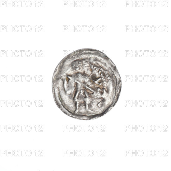 denarius, Boleslaw III Krzywousty (prince of Poland ; 1107-1138), allegories, Boleslaw III Krzywousty (prince of Poland ; 1086-1138), equal-armed cross (iconographic), spearhead (issue mark), crosses, chain mail, chain mail (iconographic), jaws (iconographic), knight (iconographic), martyrs, dragons, Romanesque (style), dragon (iconographic), knights, Middle Ages, jaws, fight between good and evil (iconographic), Adalbert (Saint ; ca 956-997), fight against pagans (iconographic), spear (iconographic), spears, Obv. In the beaded border, a knight in chain mail thrusting a spearhead into the jaws of a dragon turned upside down. Rv. In the triple beaded border, an isosceles cross topped with spheres (one of them with a dot). Between its arms, one sphere (two of them with a dot)., ca. 1125 - 1138, Poland, Kraków, coin, diameter 12.7 mm, diameter 13.0 mm, weight 0.38 g