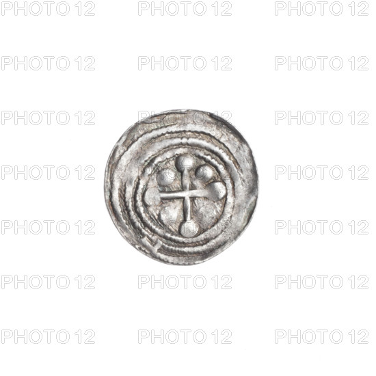 denarius, Boleslaw III Krzywousty (prince of Poland; 1086–1138), Romanesque style, ca. 1125–1138, Poland, Kraków; coin; diameter 12.7–13.0 mm; weight 0.38 g. Obverse: in the beaded border, a knight in chain mail thrusting a spearhead into the jaws of an upside-down dragon. Reverse: in the triple beaded border, an isosceles cross topped with spheres (one with a dot); between its arms, one sphere (two with a dot). Iconography: equal-armed cross, spearhead, spears, crosses, chain mail, jaws, knight, dragon, fight between good and evil, fight against pagans, martyrs, Adalbert (Saint; ca. 956–997).