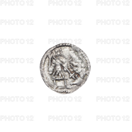 denarius, Boleslaw III Krzywousty (prince of Poland; 1107–1138), allegories, spearhead (issue mark), equal-armed cross (iconographic), crosses, chain mail (iconographic), chain mails, mouth (iconographic), martyrs, dragons, knight (iconographic), Romanesque (style), dragon (iconographic), knights, Middle Ages, mouths, Adalbert (St.; ca. 956–997), fight between good and evil (iconographic), fight against pagans (iconographic), spear (iconographic), spears. Obv.: In the beaded border, a knight in chain mail thrusting a spearhead into the jaws of a dragon turned upside down. Rv.: In the triple beaded border, an isosceles cross topped with balls (two of them with one dot each). Between its arms, one ball (three of them with one dot each). ca. 1125–1138, Kraków, Poland. Coin. Diameter 11.5–12.1 mm; weight 0.35 g.