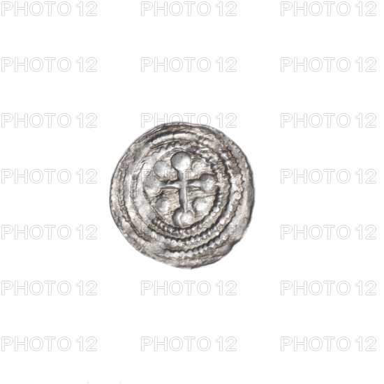 Denarius of Boleslaw III Krzywousty (prince of Poland; 1086–1138/ruled 1107–1138). Romanesque coin, ca. 1125–1138, Kraków, Poland. Obverse: in a beaded border, a knight in chain mail thrusting a spearhead into the jaws of an upside-down dragon (fight between good and evil; fight against pagans; martyrs; Adalbert referenced). Reverse: in a triple beaded border, an isosceles cross topped with balls (two with a central dot each); between its arms one ball (three with a central dot each). Iconography: knight, dragon, spear/spearhead, equal-armed cross, crosses, chain mail, mouths. Coin; diameter 11.5–12.1 mm; weight 0.35 g.