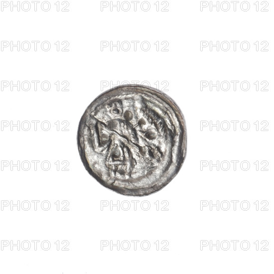 denarius, Boleslaw III Krzywousty (prince of Poland; 1086–1138), allegories, spearhead (issue mark), crosses, equal-armed cross, chain mail, jaws, knight, martyrs, Romanesque (style), knights, dragons, dragon, Middle Ages, Adalbert (St.; ca. 956–997), fight between good and evil, fight against pagans, spear, spears. Obv.: In the beaded border, a knight in chain mail thrusting a spearhead into the jaws of an upside-down dragon. Rv.: In the triple beaded border, an isosceles cross topped with spheres (one with a dot); between its arms, one sphere (two with a dot). ca. 1125–1138. Poland, Kraków. Coin. Diameter 12.4–12.8 mm. Weight 0.31 g.
