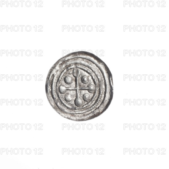 denarius, Boleslaw III Krzywousty (prince of Poland; 1086–1138), allegories, spearhead (issue mark), crosses, equal-armed cross, chain mail, jaws, knight, chain mails, martyrs, Romanesque (style), knights, dragons, dragon, Middle Ages, Adalbert (St.; ca. 956–997), Jastrzebowski, Stanislaw (1898–1980), fight between good and evil, fight against pagans, spear, spears. Obv. In the beaded border, a knight in chain mail thrusting a spearhead into the jaws of a dragon turned upside down. Rv. In the triple beaded border, an isosceles cross topped with spheres (one of them has a dot). Between its arms, one sphere (two of them have a dot). ca. 1125–1138, Poland, Kraków, coin, diameter 12.4–12.8 mm, weight 0.31 g