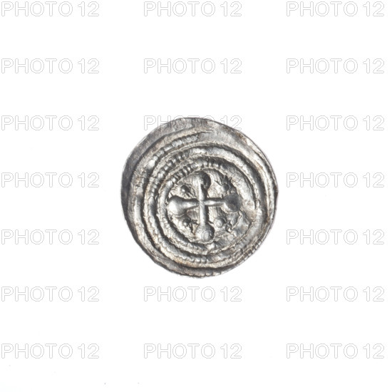 denarius, Boleslaw III Krzywousty (prince of Poland; 1107–1138), allegories, Boleslaw III Krzywousty (prince of Poland; 1086–1138), spearhead (issue mark), equal-armed cross, chain mail, chain mails, crosses, knight, mouth, Romanesque (style), knights, dragons, martyrs, dragon, mouths, Middle Ages, very good (state of preservation), Adalbert (Saint; ca. 956–997), fight against pagans, fight between good and evil, spears, spear. Obv. In the beaded border, a knight in chain mail thrusting a spearhead into the jaws of a dragon turned upside down. Rv. In the triple beaded border, an isosceles cross topped with spheres (one of them with a dot). Between its arms, one sun (each with a dot). ca. 1125–1138, Kraków, Poland, coin, diameter 12.1–12.7 mm, weight 0.55 g