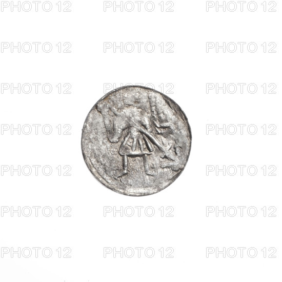 denarius, Boleslaw III Krzywousty (prince of Poland; 1107–1138), allegories, Boleslaw III Krzywousty (prince of Poland; 1086–1138), spearhead (issue mark), chain mail (iconographic), crosses, equal-armed cross (iconographic), chain mail, mouth (iconographic), martyrs, knight (iconographic), Romanesque (style), dragons, knights, mouths, dragon (iconographic), Middle Ages, fight between good and evil (iconographic), fight against pagans (iconographic), spear (iconographic), Adalbert (Saint; ca. 956–997), spears, Obv. In the beaded border, a knight in chain mail thrusting a spearhead into the jaws of a dragon turned upside down. Rv. In the triple beaded border, an isosceles cross topped with balls. At the intersection of the arms, a ball. Between them, one ball (one of them has a dot)., ca. 1125–1138, Poland, Kraków, coin, diameter 12.1–12.3 mm, weight 0.35 g