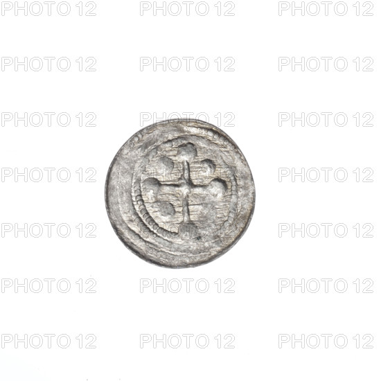 denarius, Boleslaw III Krzywousty (prince of Poland; 1086–1138), allegories, spearhead (issue mark), chain mail (iconographic), equal-armed cross (iconographic), mouth (iconographic), martyrs, knight (iconographic), Romanesque (style), dragons, fight between good and evil (iconographic), fight against pagans (iconographic), spear (iconographic), Adalbert (Saint; ca. 956–997), spears. Obverse: In the beaded border, a knight in chain mail thrusting a spearhead into the jaws of a dragon turned upside down. Reverse: In the triple beaded border, an isosceles cross topped with balls; at the intersection of the arms, a ball; between the arms, one ball (one of them has a dot). ca. 1125–1138. Poland, Kraków. Coin. Diameter 12.1–12.3 mm. Weight 0.35 g.