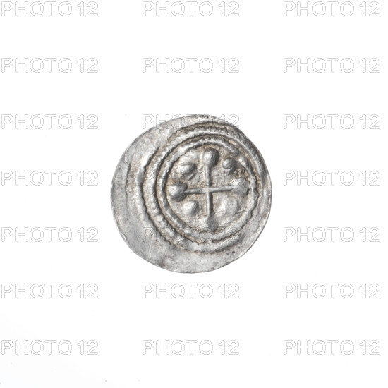 denarius, Boleslaw III Krzywousty (prince of Poland; 1107–1138), allegories, Boleslaw III Krzywousty (prince of Poland; 1086–1138), equal-armed cross, crosses, chain mail, spearhead (issue mark), jaw, chain mail, martyrs, knight, Romanesque (style), jaws, dragons, dragon, knights, Middle Ages, fight between good and evil, fight against pagans, Adalbert (Saint; ca. 956–997), spear, spears, Obv. In the beaded border, a knight in chain mail thrusting a spearhead into the jaws of a dragon turned upside down. Rv. In the triple beaded border, an isosceles cross topped with balls. Between its arms, one ball (one of them with a dot). ca. 1125–1138, Poland, Kraków, coin, diameter 12.4 mm, diameter 12.9 mm, weight 0.32 g