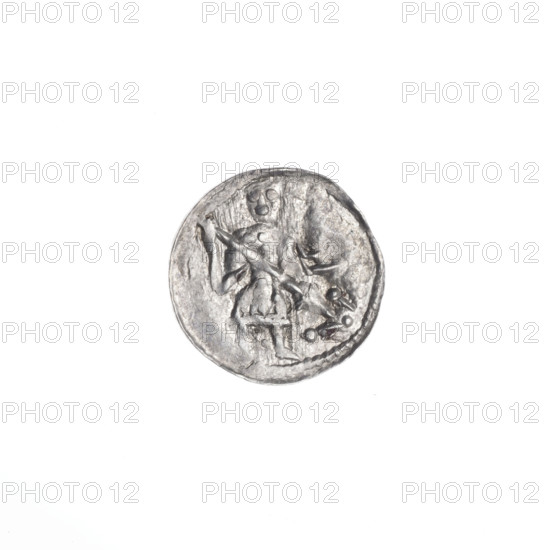 denarius, Boleslaw III Krzywousty (prince of Poland; 1086–1138), allegories, spearhead (issue mark), crosses, equal-armed cross, chain mail, mouth, martyrs, knight, Romanesque (style), dragons, fight between good and evil, Middle Ages, fight against pagans, Adalbert (Saint; ca. 956–997), spears, spear, Obv. In the beaded border, a knight in chain mail thrusting a spearhead into the jaws of a dragon turned upside down. A ball under the knight's right elbow, a dot between his legs. Rv. In the triple beaded border, an isosceles cross topped with balls (one of them with a dot). At the intersection of the arms, a ball. Between them, one ball (three of them with a dot)., ca. 1125–1138, Poland, Kraków, coin, diameter 12.0–12.5 mm, weight 0.38 g