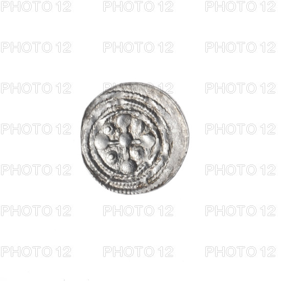 Denarius, Boleslaw III Krzywousty (prince of Poland; 1107–1138). Obverse: in a beaded border, a knight in chain mail thrusting a spearhead into the jaws of an upside-down dragon; a ball under the knight's right elbow and a dot between his legs. Reverse: in a triple beaded border, an isosceles cross topped with balls (one with a dot); a ball at the intersection of the arms and additional balls (three with dots). Allegorical imagery: knights, dragons, fight between good and evil, fight against pagans; motifs include spearhead (issue mark), spears, equal-armed cross, crosses, chain mail, mouths. References to Adalbert (Saint; ca. 956–997) and martyrs. Romanesque style. Date ca. 1125–1138. Poland, Kraków. Coin (denarius). Diameter 12.0–12.5 mm. Weight 0.38 g.