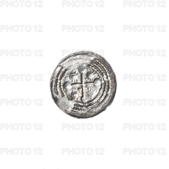 Denarius, Boleslaw III Krzywousty (prince of Poland; 1086–1138). Obv.: in beaded border, a knight in chain mail thrusting a spearhead into the jaws of an upside-down dragon. Rv.: in triple beaded border, an isosceles cross topped with spheres (one with a dot); between its arms, nearer the center one dot, nearer the ends one sun (two of them with one dot each). Iconography: spearhead, chain mail, equal-armed cross, knight, dragon, jaws, martyrs, spears; themes of fight against pagans and fight between good and evil; Romanesque style; depiction of Saint Adalbert (Adalbert; ca. 956–997) implied. Date: ca. 1125–1138. Poland, Kraków. Coin. Diameter 12.1–12.3 mm. Weight 0.38 g.