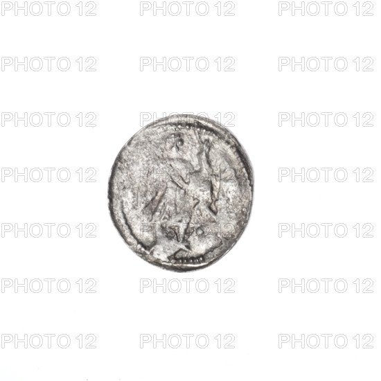 denarius, Boleslaw III Krzywousty (Prince of Poland; 1086–1138), allegories, spearhead (issue mark), equal-armed cross (iconographic), crosses, chain mail (iconographic), jaws (iconographic), chain mails, martyrs, jaws, Romanesque (style), knight (iconographic), dragons, knights, dragon (iconographic), fight between good and evil (iconographic), Adalbert (Saint; ca. 956–997), fight against pagans (iconographic), spear (iconographic), spears. Obv.: In the beaded border, a knight in chain mail thrusting a spearhead into the jaws of a dragon turned upside down. Rv.: In the triple beaded border, an isosceles cross topped with balls; at the intersection of the arms, a ball; between the arms, one ball. ca. 1125–1138. Poland, Kraków. Coin. Diameter 12.1–12.8 mm; weight 0.48 g.
