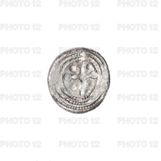 denarius, Boleslaw III Krzywousty (Prince of Poland; 1107–1138), Boleslaw III Krzywousty (Prince of Poland; 1086–1138), allegories, spearhead (issue mark), equal-armed cross (iconographic), crosses, chain mail (iconographic), jaws (iconographic), chain mails, martyrs, jaws, Romanesque (style), knight (iconographic), dragons, knights, dragon (iconographic), fight between good and evil (iconographic), Adalbert (Saint; ca. 956–997), fight against pagans (iconographic), spear (iconographic), spears. Obv. In the beaded border, a knight in chain mail thrusting a spearhead into the jaws of a dragon turned upside down. Rv. In the triple beaded border, an isosceles cross topped with balls. At the intersection of the arms, a ball. Between them, one ball. ca. 1125–1138, Poland, Kraków, coin, diameter 12.1–12.8 mm, weight 0.48 g