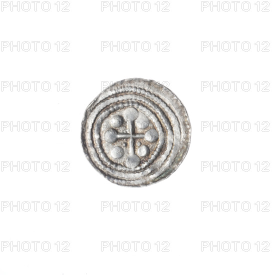 Denarius, Boleslaw III Krzywousty (prince of Poland; 1086–1138). Obverse: in the beaded border, a knight in chain mail thrusting a spearhead into the jaws of an upside-down dragon. Reverse: in the triple beaded border, an isosceles cross topped with balls; between its arms, in two quarters two balls radiating (smaller ones closer to the center, larger ones farther out), in the other two quarters one ball each. Iconography: spearhead, chain mail, equal-armed cross, dragons, knights, mouths, martyrs, fight between good and evil, Adalbert (Saint; ca. 956–997), fight against pagans. Romanesque style. Date: ca. 1125–1138. Place: Poland, Kraków. Coin; diameter 12.1–12.5 mm; weight 0.53 g.