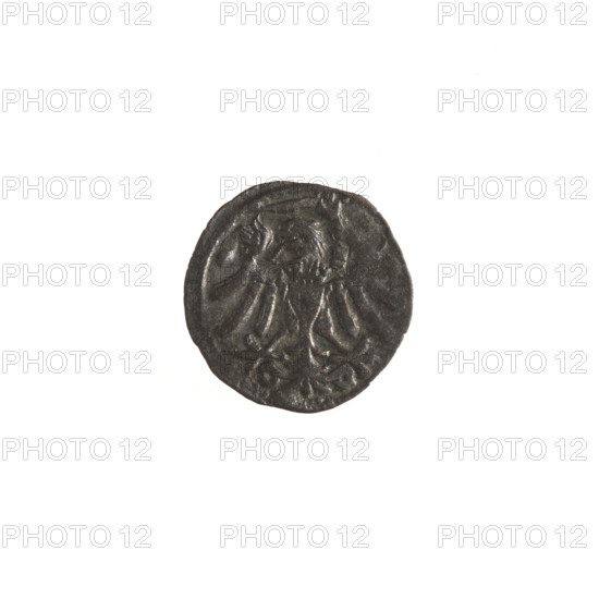 Gdansk denarius, Sigismund I the Old (King of Poland; 1506–1548). Obverse: in the border the Eagle of Royal Prussia. Reverse: in the border the coat of arms of Gdansk; on the sides numerals of the date 4 - 6, 1546. Polish coin; motifs: eagle (coat of arms), Jagiellon dynasty, city coat of arms. Diameter 12.6–13.0 mm; weight 0.28 g.