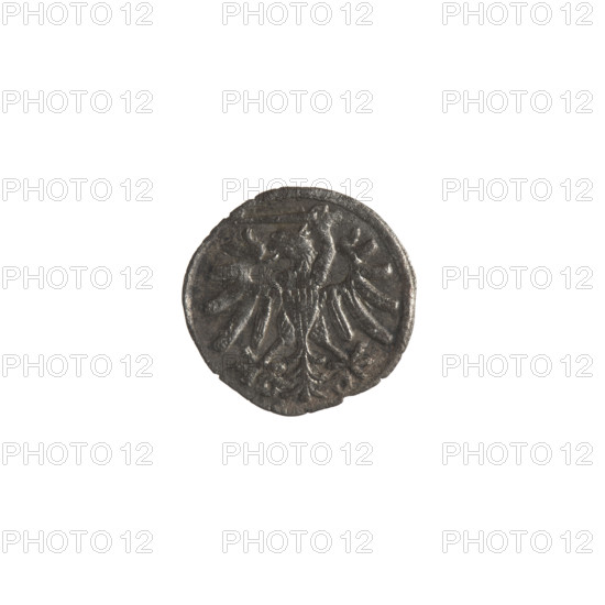 Gdansk denarius, Sigismund I the Old (King of Poland; reign 1506–1548). Silver coin (denarius) featuring an eagle (Royal Prussia) on the obverse and the coat of arms of Gdansk on the reverse; Jagiellonian dynasty iconography. Obverse: in the border the Eagle of Royal Prussia. Reverse: in the border the coat of arms of Gdansk, with numerals of the date 4 - 6, 1546 at the sides. Poland, Gdansk; diameter 12.3–13.0 mm; weight 0.4 g.
