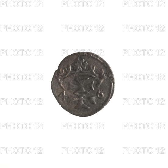 Gdansk denarius, Sigismund I the Old (King of Poland; reign 1506–1548). Silver coin, 1546. Obverse: in the border the Eagle of Royal Prussia. Reverse: in the border the coat of arms of Gdansk, with numerals of the date 4 - 6 (forming 1546). Motifs: eagle (coat of arms), Jagiellon dynasty, city coat of arms. Diameter 12.3–13.0 mm; weight 0.4 g.