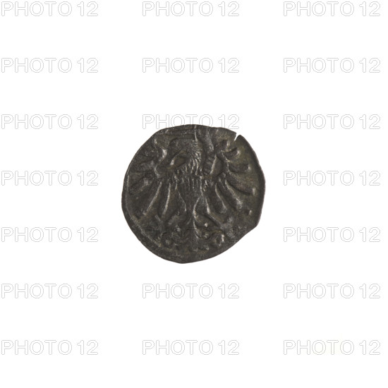 Gdansk denarius, Sigismund I the Old (King of Poland; reign 1506–1548). Obverse: in the border the Eagle of Royal Prussia. Reverse: in the border the coat of arms of Gdansk, flanked by numerals forming the date 1547 (4 - 7). Polish coin featuring eagle motifs; Jagiellon dynasty. Diameter: 11.8–13.0 mm; weight: 0.29 g.