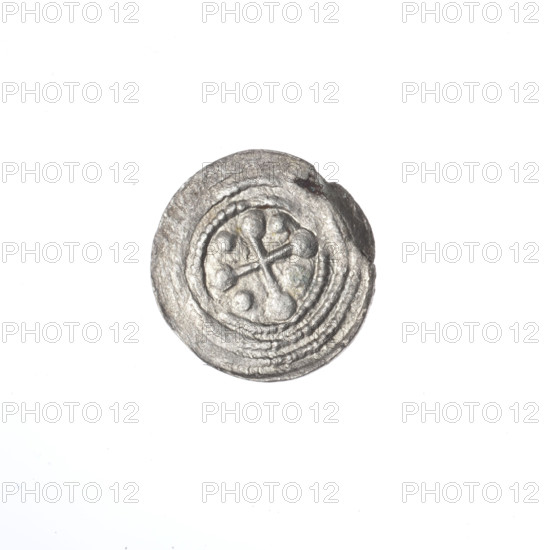 denarius, Boleslaw III Krzywousty (prince of Poland; 1107–1138), allegories, Boleslaw III Krzywousty (prince of Poland; 1086–1138), crosses, equal-armed cross, spearhead (issue mark), chain mail, mouth, martyrs, knight, dragons, Romanesque (style), knights, dragon, Middle Ages, fight between good and evil, fight against pagans, spear, Adalbert (Saint; ca. 956–997), spears. Obv.: In the beaded border, a knight in chain mail thrusting a spearhead into the jaws of a dragon turned upside down. A ball under the knight's right elbow. A dot on the outside of the knight's right hand. Rv.: In the triple beaded border, an isosceles cross topped with balls. One ball between its arms. ca. 1125–1138, Kraków, Poland. Coin; diameter 12.3–13.1 mm; weight 0.35 g.