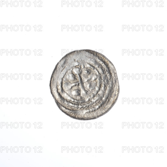 denarius, Boleslaw III Krzywousty (prince of Poland; 1107–1138), allegories, equal-armed cross, crosses, spearhead (issue mark), jaws, chain mail, knight, chain mails, martyrs, Romanesque (style), dragons, knights, dragon, jaws, Middle Ages, fight between good and evil, fight against pagans, spear, Adalbert (St.; ca. 956–997). Obv.: In the beaded border, a knight in chain mail thrusting a spearhead into the jaws of an upside-down dragon. Rv.: In the triple beaded border, an isosceles cross topped with balls; between its arms, one ball (one of them with a dot). ca. 1125–1138. Poland, Kraków. Coin. Diameter 12.8–13.2 mm; weight 0.40 g.