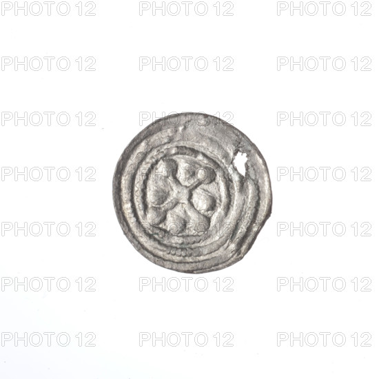 Denarius of Boleslaw III Krzywousty (prince of Poland; 1107–1138). Obverse: in the beaded border, a knight in chain mail thrusting a spearhead into the jaws of a dragon turned upside down. Reverse: in the triple beaded border, an equal-armed (isosceles) cross topped with balls; at the intersection of the arms, a ball; one ball between the arms. Allegorical imagery: knights, dragon(s), fight between good and evil, fight against pagans; references to martyrs and Saint Adalbert. Romanesque style. Issue mark: spearhead. Date: ca. 1125–1138. Place: Poland, Kraków. Coin (denarius). Diameter: 12.8–13.2 mm. Weight: 0.28 g.