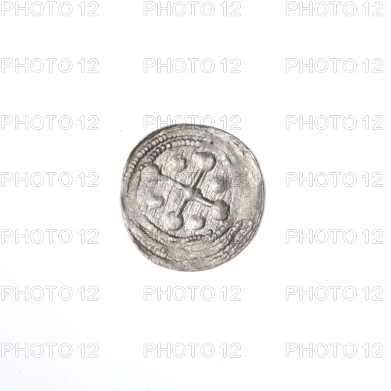 Denarius, Boleslaw III Krzywousty (prince of Poland; 1086–1138). Obverse: in the beaded border, a knight in chain mail thrusting a spearhead into the jaws of an upside-down dragon. Reverse: in the triple beaded border, an isosceles cross topped with balls; at the intersection of the arms a ball; one arm intersects the other at approximately 1/3 of its length. Allegorical imagery: knights, dragons, martyrs, fight against pagans, fight between good and evil; depiction of Adalbert (Saint; ca. 956–997). Romanesque style. Issue mark: spearhead. Date: ca. 1125–1138. Poland, Kraków. Coin. Diameter 11.5–11.9 mm. Weight 0.44 g.