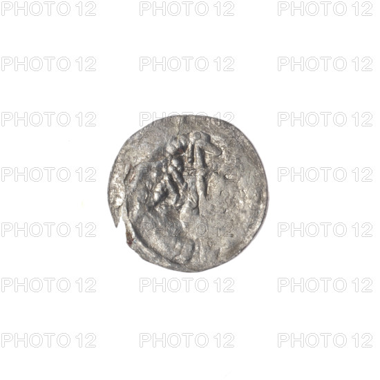 denarius, Boleslaw III Krzywousty (prince of Poland; 1107–1138), allegories, equal-armed cross, spearhead (issue mark), crosses, chainmail, martyrs, jaws, knight, knights, dragons, dragon, fight between good and evil, Romanesque (style), Middle Ages, spears, fight against pagans, spear, Wojciech (St.; ca. 956–997), Obv. In the linear border, a knight in chain mail thrusting a spearhead into the jaws of a dragon turned upside down. Rv. In the triple beaded border, an isosceles cross topped with balls. Between its arms, one ball. ca. 1125–1138, Poland, Kraków, coin, diameter 12.9–13.2 mm, weight 0.24 g