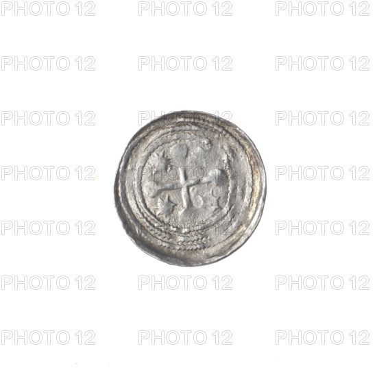 denarius, Boleslaw III Krzywousty (prince of Poland; 1086–1138), allegories, chain mail, equal-armed cross, jaws, chain mail, crosses, spearhead (issue mark), martyrs, Romanesque (style), jaws, dragons, knights, dragon, Middle Ages, fight between good and evil, knight, fight against pagans, Adalbert (Saint; ca. 956–997), spear, spears. Obv. In the beaded border, a knight in chain mail thrusting a spearhead into the jaws of a dragon turned upside down. Rv. In the triple beaded border, an isosceles cross topped with balls. Between its arms, one sun. ca. 1125–1138. Poland, Kraków. Coin. Diameter 12.3–12.8 mm. Weight 0.46 g.