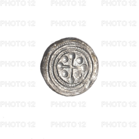 denarius, Boleslaw III Krzywousty (prince of Poland; 1086–1138 / reign 1107–1138), Romanesque style, allegorical and iconographic motifs: knight in chain mail thrusting a spearhead into the jaws of an upside-down dragon; spearhead (issue mark); equal-armed/isosecles cross topped with balls (dots); crosses; chainmail; martyrs; jaws; knight; dragon; fight between good and evil; fight against pagans; spears. Obverse: in the beaded border, knight in chain mail thrusting a spearhead into dragon’s jaws. Reverse: in the triple beaded border, isosceles cross topped with balls; balls with dots between its arms (surface effacement partially obscures one). Adalbert (Saint; ca. 956–997) referenced. Date: ca. 1125–1138. Place: Poland, Kraków. Coin (denarius). Diameter: 12.8–13.2 mm. Weight: 0.35 g. State of preservation: very good.