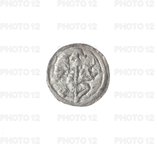 denarius, Boleslaw III Krzywousty (prince of Poland; 1086–1138 and reign 1107–1138), allegories, spearhead (issue mark), crosses, chain mail (iconographic), jaws (iconographic), chain mails, martyrs, knight (iconographic), equal-armed cross (iconographic), Romanesque (style), knights, jaws, dragons, Middle Ages, Adalbert (St.; ca. 956–997), dragon (iconographic), fight between good and evil (iconographic), spear (iconographic), fight against pagans (iconographic), spears. Obverse: in the beaded border, a knight in chain mail thrusting a spearhead into the jaws of a dragon turned upside down. Reverse: in the triple beaded border, an isosceles cross topped with spheres (one of them with a dot); between its arms, one sphere (two of them with a dot). ca. 1125–1138, Kraków, Poland; coin; diameter 12.3–12.7 mm; weight 0.32 g