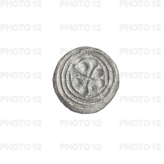 denarius, Boleslaw III Krzywousty (prince of Poland; 1086–1138), allegories, spearhead (issue mark), crosses, chain mail (iconographic), jaws (iconographic), chain mails, martyrs, knight (iconographic), equal-armed cross (iconographic), Romanesque (style), knights, jaws, dragons, Middle Ages, Adalbert (St.; ca. 956–997), dragon (iconographic), fight between good and evil (iconographic), spear (iconographic), fight against pagans (iconographic), spears. Obverse: In the beaded border, a knight in chain mail thrusting a spearhead into the jaws of a dragon turned upside down. Reverse: In the triple beaded border, an isosceles cross topped with spheres (one of them with a dot). Between its arms, one sphere (two of them with a dot). Ca. 1125–1138, Kraków, Poland. Coin; diameter 12.3–12.7 mm; weight 0.32 g.