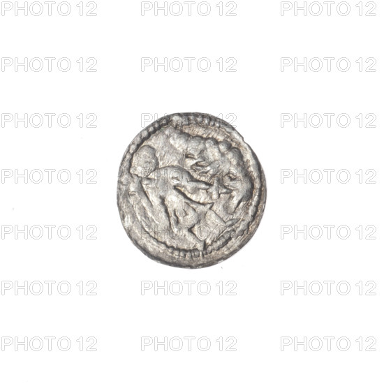 Denarius of Boleslaw III Krzywousty (prince of Poland; ca. 1107–1138). Romanesque-style medieval silver coin, ca. 1125–1138, Poland, Kraków. Obverse: in beaded border, a knight in chain mail thrusting a spearhead (issue mark) into the jaws of an upside-down dragon — allegory of martyrs/knights and the fight between good and evil; evokes fight against pagans and Saint Adalbert. Reverse: in triple beaded border, an isosceles (equal-armed) cross topped with balls; a ball at the intersection of the arms and one between them; one arm intersects the other at approximately 1/3 of its length. Diameter about 12.1–12.5 mm; weight 0.32 g.