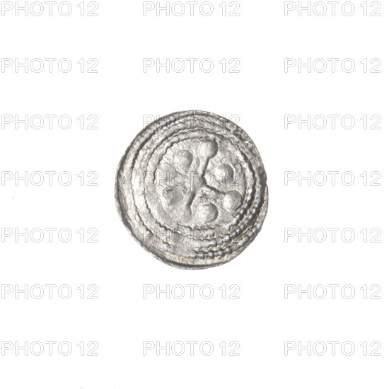 Denarius, Boleslaw III Krzywousty (prince of Poland; 1107–1138). Obverse: in the beaded border, a knight in chain mail thrusting a spearhead into the jaws of a dragon turned upside down. Reverse: in the triple beaded border, an isosceles cross topped with balls; at the intersection of the arms a ball; between them one ball; one arm intersects the other at approximately 1/3 of its length. Allegorical Romanesque imagery: fight between good and evil, knight, dragons, martyrs, fight against pagans; motifs include crosses (equal-armed), chain mail, spear/spearhead, jaws. Inscribed/attributed to Boleslaw III Krzywousty (1086–1138). Date: ca. 1125–1138. Place: Poland, Kraków. Coin (denarius). Diameter: 12.1–12.5 mm. Weight: 0.32 g.