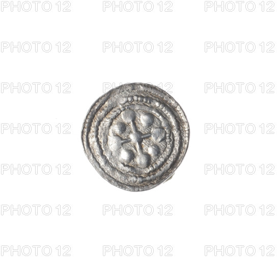 Denarius, Boleslaw III Krzywousty (prince of Poland; 1086–1138). Obverse (beaded border): a knight in chain mail thrusting a spearhead into the jaws of an upside-down dragon. Reverse (triple beaded border): an isosceles cross topped with balls; a central ball at the intersection and one ball between the arms. Allegorical imagery: knights, dragons, martyrs, fight against pagans, fight between good and evil; Romanesque style; reference to St. Adalbert. Issue mark: spearhead. Date: ca. 1125–1138. Place: Poland, Kraków. Coin (denarius). Diameter: 11.6–12.1 mm. Weight: 0.39 g.