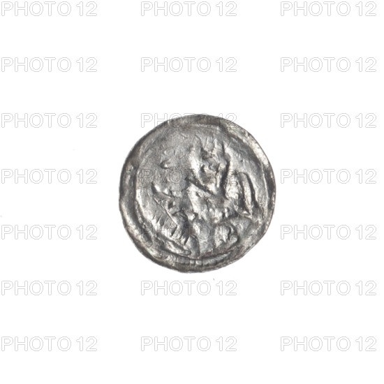 denarius, Boleslaw III Krzywousty (prince of Poland; 1086–1138), allegories, equal-armed cross, crosses, spearhead (issue mark), chain mail, mouth, knight, martyrs, dragons, Romanesque (style), Middle Ages, Adalbert (St.; ca. 956–997), fight between good and evil, fight against pagans, spears, spear. Obv.: In the beaded border, a knight in chain mail thrusting a spearhead into the jaws of a dragon turned upside down. Rv.: In the triple beaded border, an isosceles cross topped with balls; at the intersection of the arms, a ball; between them, one sun. ca. 1125–1138. Poland, Kraków. Coin; diameter 12.6–12.9 mm; weight 0.35 g.
