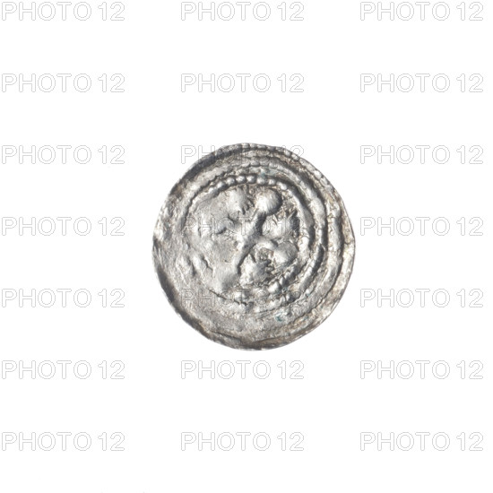 denarius, Boleslaw III Krzywousty (prince of Poland; 1107–1138), allegories, equal-armed cross, crosses, spearhead (issue mark), chain mail, mouth, knight, martyrs, dragons, Romanesque (style), Middle Ages, Adalbert (St.; ca. 956–997), fight between good and evil, fight against pagans, spears, Obv. In the beaded border, a knight in chain mail thrusting a spearhead into the jaws of a dragon turned upside down. Rv. In the triple beaded border, an isosceles cross topped with balls. At the intersection of the arms, a ball. Between them, one sun. ca. 1125–1138, Poland, Kraków, coin, diameter 12.6–12.9 mm, weight 0.35 g
