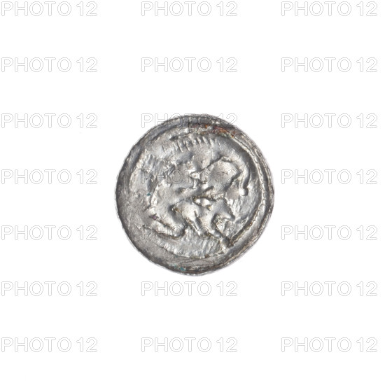 denarius, Boleslaw III Krzywousty (prince of Poland; 1086–1138), allegories, equal-armed cross, spearhead (issue mark), chain mail, crosses, mouth, Romanesque (style), knight, martyrs, dragon, mouths, dragons, Middle Ages, knights, fight against pagans, fight between good and evil, spear, spears, Adalbert (St.; ca. 956–997). Obv.: In the beaded border, a knight in chain mail thrusting a spearhead into the jaws of a dragon turned upside down. Rv.: In the triple beaded border, an isosceles cross topped with balls; between its arms, one ball. ca. 1125–1138, Poland, Kraków, coin, diameter 12.6–12.9 mm, weight 0.44 g