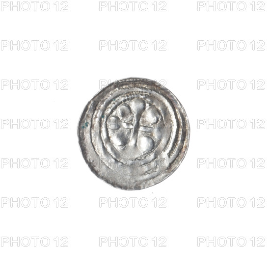 denarius, Boleslaw III Krzywousty (prince of Poland; 1086–1138), allegories, equal-armed cross, spearhead (issue mark), chain mail, crosses, mouth, Romanesque (style), knight, martyrs, dragon, mouths, dragons, Middle Ages, knights, fight against pagans, fight between good and evil, spear, spears, Adalbert (St.; ca. 956–997). Obv.: In the beaded border, a knight in chain mail thrusting a spearhead into the jaws of a dragon turned upside down. Rv.: In the triple beaded border, an isosceles cross topped with balls; between its arms, one ball. ca. 1125–1138; Poland, Kraków; coin; diameter 12.6–12.9 mm; weight 0.44 g
