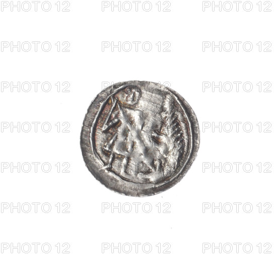 denarius, Boleslaw III Krzywousty (prince of Poland; 1086–1138), allegories, equal-armed cross, chain mail, spearhead (issue mark), crosses, jaws, knight, martyrs, Romanesque (style), knights, dragons, dragon, Adalbert (Saint; ca. 956–997), Middle Ages, fight between good and evil, spear, fight against pagans, spears. Obv.: In the linear border, a knight in chain mail thrusting a spearhead into the jaws of a dragon turned upside down. Rv.: In the triple beaded border, an isosceles cross topped with balls; between its arms, one ball (one of them has a dot; others may have dots but surface is blurred). ca. 1125–1138. Poland, Kraków. Coin. Diameter 12.9–13.6 mm. Weight 0.45 g.