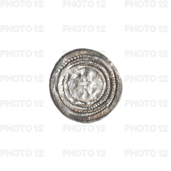 denarius, Boleslaw III Krzywousty (prince of Poland; 1086–1138; ruler 1107–1138), allegories, equal-armed cross, chain mail, spearhead (issue mark), crosses, jaws, knight, martyrs, Romanesque (style), knights, dragons, dragon, Adalbert (Saint; ca. 956–997), Middle Ages, fight between good and evil, spear, fight against pagans, Obv. In the linear border, a knight in chain mail thrusting a spearhead into the jaws of a dragon turned upside down. Rv. In the triple beaded border, an isosceles cross topped with balls. Between its arms, one ball (one of them has a dot; the others may also have a dot, but the surface is blurred). ca. 1125–1138, Poland, Kraków, coin, diameter 12.9–13.6 mm, weight 0.45 g