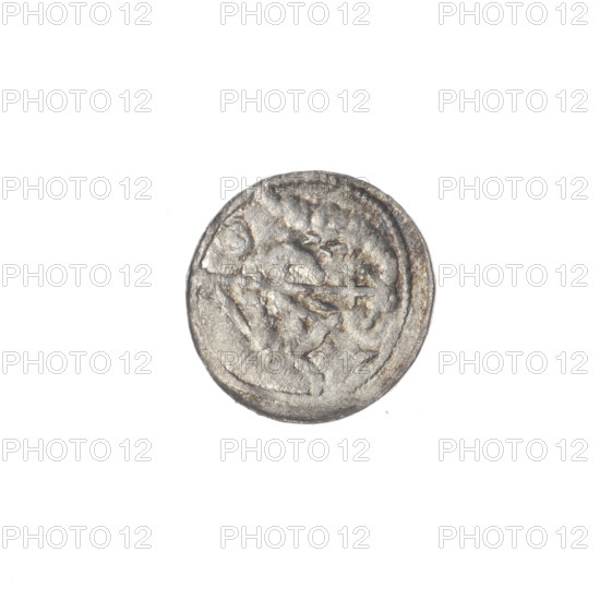 denarius, Boleslaw III Krzywousty (prince of Poland; 1107–1138), allegories, Boleslaw III Krzywousty (prince of Poland; 1086–1138), equal-armed cross, crosses, spearhead (issue mark), jaws, chain mail, knight, martyrs, chain mail, dragons, Romanesque (style), jaws, knights, dragon, Middle Ages, fight between good and evil, fight against pagans, spear, Adalbert (Saint; ca. 956–997), spears. Obv.: In the beaded border, a knight in chain mail thrusting a spearhead into the jaws of a dragon turned upside down. Rv.: In the triple beaded border, an isosceles cross topped with balls; between its arms, three balls; one arm intersects the other at approximately 1/3 of its length. ca. 1125–1138, Poland, Kraków; coin; diameter 12.8–13.1 mm; weight 0.39 g
