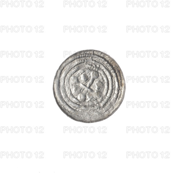 Denarius, Boleslaw III Krzywousty (prince of Poland; ca. 1125–1138). Obverse: in beaded border, a knight in chain mail thrusting a spearhead into the jaws of an upside-down dragon — allegory of fight between good and evil / fight against pagans; depicts knight, martyrs, dragons, spears, spearhead. Reverse: in triple beaded border, an isosceles (equal-armed) cross topped with balls; between its arms three balls, one arm intersecting the other at ~1/3 of its length. Romanesque style. Attributed subjects: Boleslaw III Krzywousty; Adalbert (Saint; ca. 956–997). Date: ca. 1125–1138. Place: Poland, Kraków. Coin; diameter 12.8–13.1 mm; weight 0.39 g.