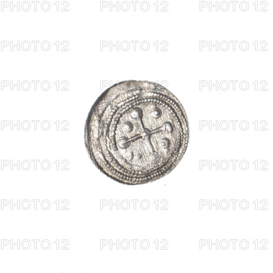 denarius, Boleslaw III Krzywousty (Prince of Poland; 1107–1138), allegories, chainmail, spearhead (issue mark), chainmail (iconographic), equal-armed cross (iconographic), crosses, jaws (iconographic), knight (iconographic), martyrs, Romanesque (style), knights, dragons, dragon (iconographic), jaws, fight between good and evil (iconographic), spear (iconographic), Adalbert (Saint; ca. 956–997), fight against pagans (iconographic), Middle Ages. Obv.: In the beaded border, a knight in chain mail thrusting a spearhead into the jaws of a dragon turned upside down. Rv.: In the triple beaded border, an isosceles cross topped with balls (one dot on each). At the intersection of the arms, a ball with a dot; between the arms, one ball (one dot on each). ca. 1125–1138, Kraków, Poland; coin; diameter 11.8–12.1 mm; weight 0.39 g.