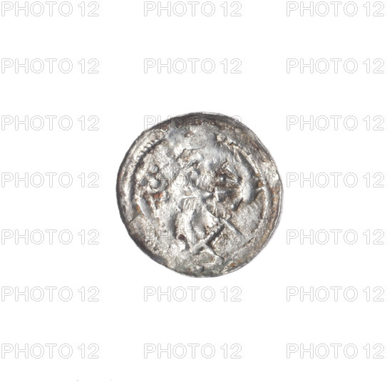 Denarius of Boleslaw III Krzywousty (prince of Poland; ca. 1086–1138), ca. 1125–1138. Obverse: in the beaded border, a knight in chain mail thrusting a spearhead into the jaws of an inverted dragon. Reverse: in a triple beaded border, an isosceles cross topped with balls; between its arms a ball (two of them have one dot each; other balls possibly dotted but obscured by under-striking). Allegorical Romanesque style imagery referencing martyrs/Adalbert and the medieval motif of the fight between good and evil. Spearhead/ spears, crosses, chain mail. Coin (denarius), Kraków, Poland. Diameter 12.8–13.2 mm; weight 0.45 g.